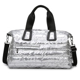 Glossy Quilted Women’s Gym Bag Large Capacity Yoga Handbag with Wet/Dry Separation Water-Resistant Puffer Sports Bag for Swimming & Fitness Trendy Metallic Weekend Tote