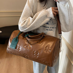 2025 Luxury PU Embossed Women’s Travel Duffel Large Capacity Korean Style Fashion Luggage Elegant Sports & Fitness Bag with Diagonal Crossbody Strap Chic Weekend Carry-on