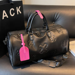 2025 Luxury PU Embossed Women’s Travel Duffel Large Capacity Korean Style Fashion Luggage Elegant Sports & Fitness Bag with Diagonal Crossbody Strap Chic Weekend Carry-on
