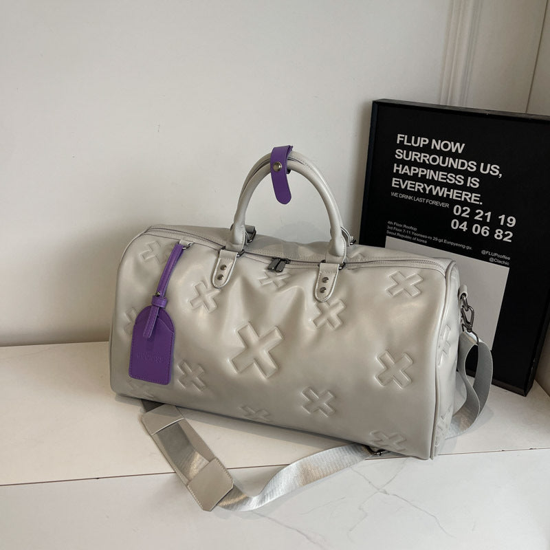 2025 Luxury PU Embossed Women’s Travel Duffel Large Capacity Korean Style Fashion Luggage Elegant Sports & Fitness Bag with Diagonal Crossbody Strap Chic Weekend Carry-on
