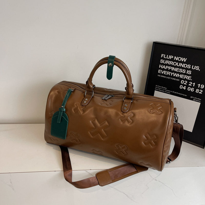 2025 Luxury PU Embossed Women’s Travel Duffel Large Capacity Korean Style Fashion Luggage Elegant Sports & Fitness Bag with Diagonal Crossbody Strap Chic Weekend Carry-on