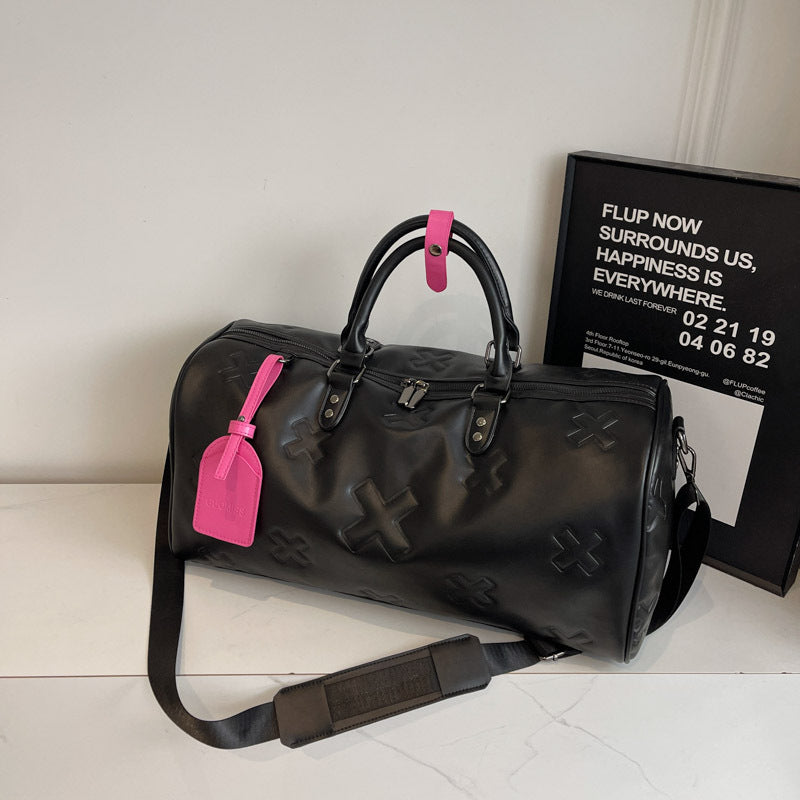 2025 Luxury PU Embossed Women’s Travel Duffel Large Capacity Korean Style Fashion Luggage Elegant Sports & Fitness Bag with Diagonal Crossbody Strap Chic Weekend Carry-on
